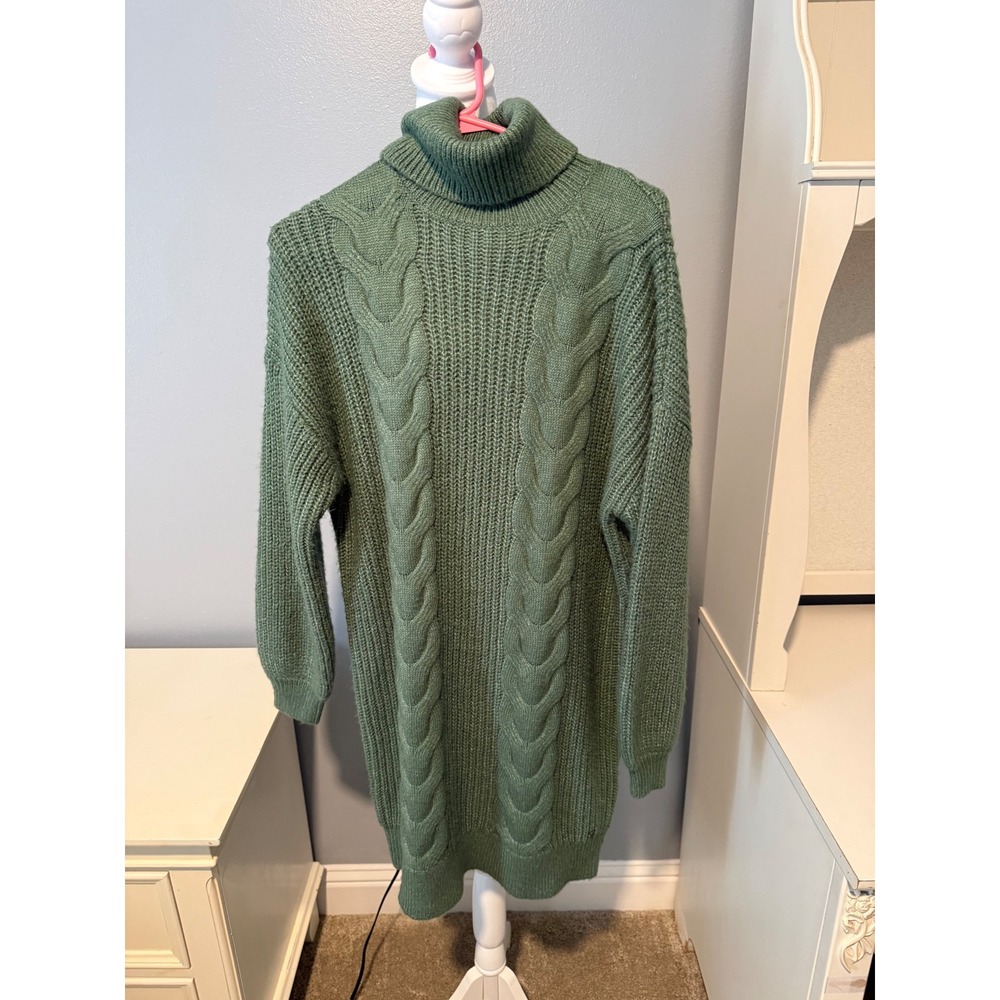 Noisy May Womens Sage Green Cable Knit Turtleneck Sweater Dress Size Medium